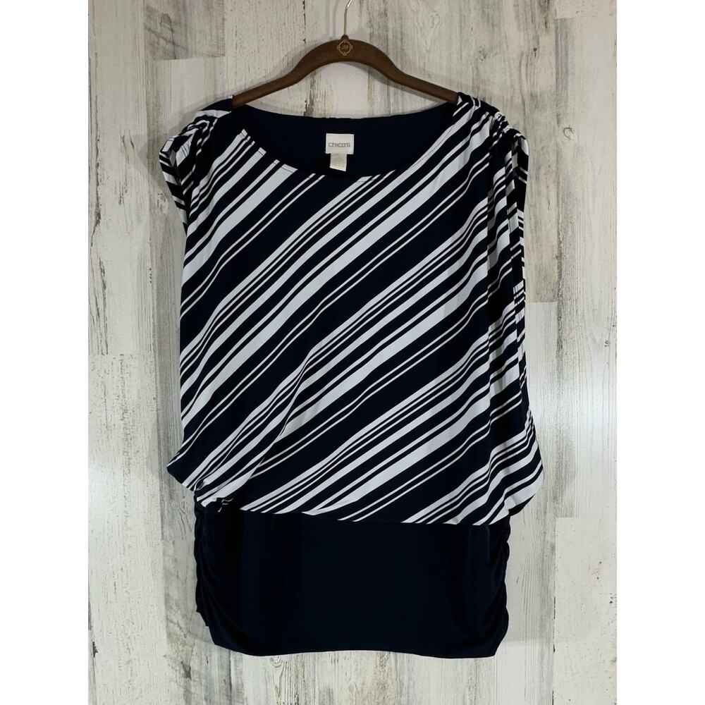Chicos Blouse Top Size 2‎ or Large Navy White Ruched Sides Layered Sleeveless